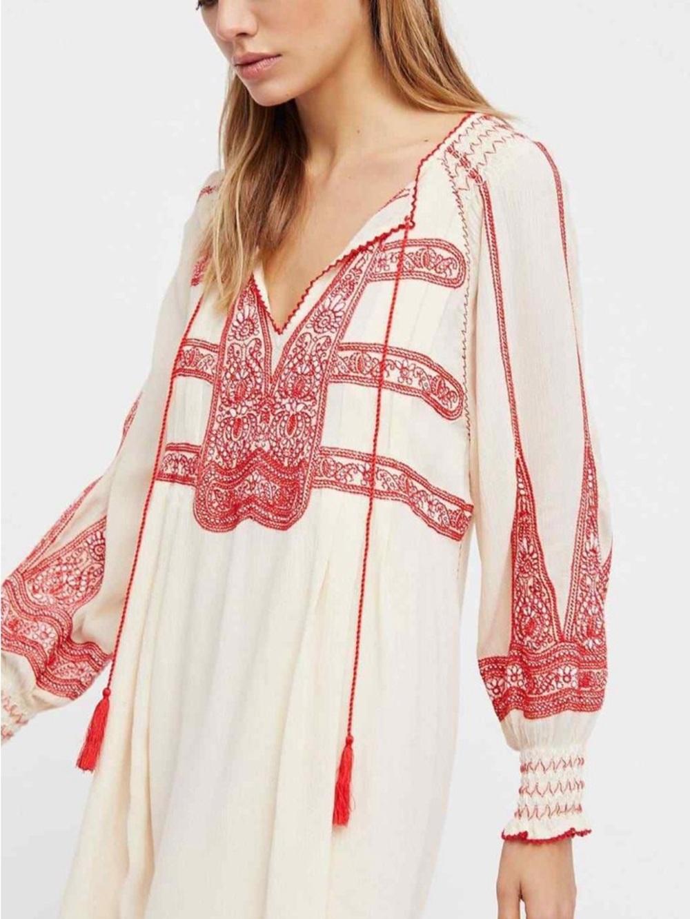 Free People Ivory Tunic with Red Embroidery